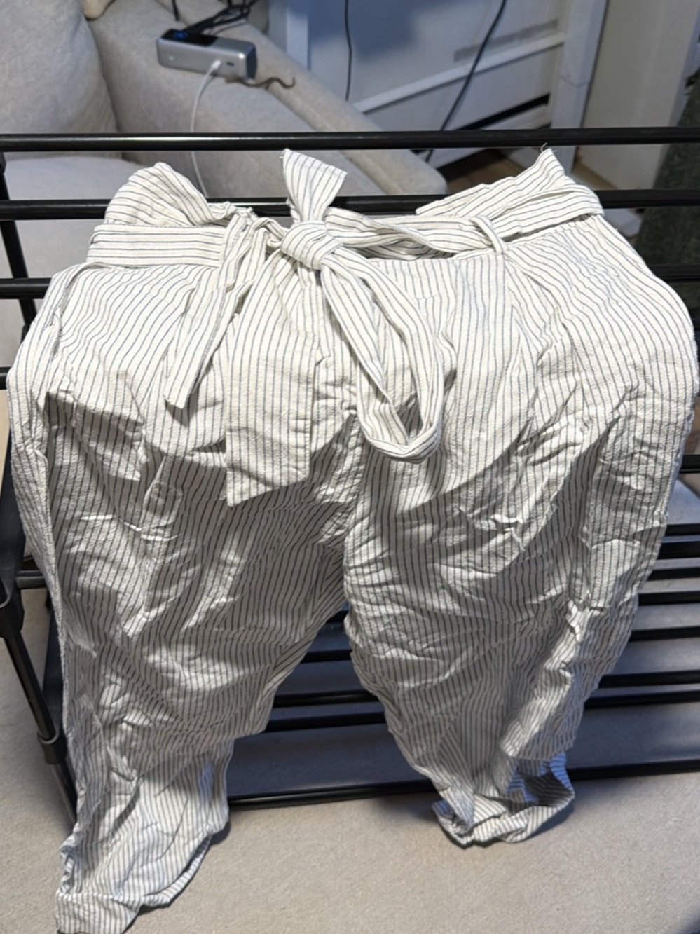 Forever 21 White with Black Pinstripe Paperbag Waist Chinos